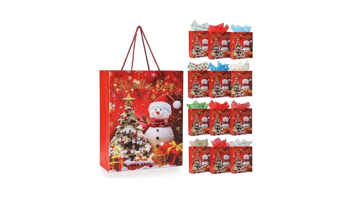 Rusikia 12 Christmas Gift Bags With 12 Tissues And 1
