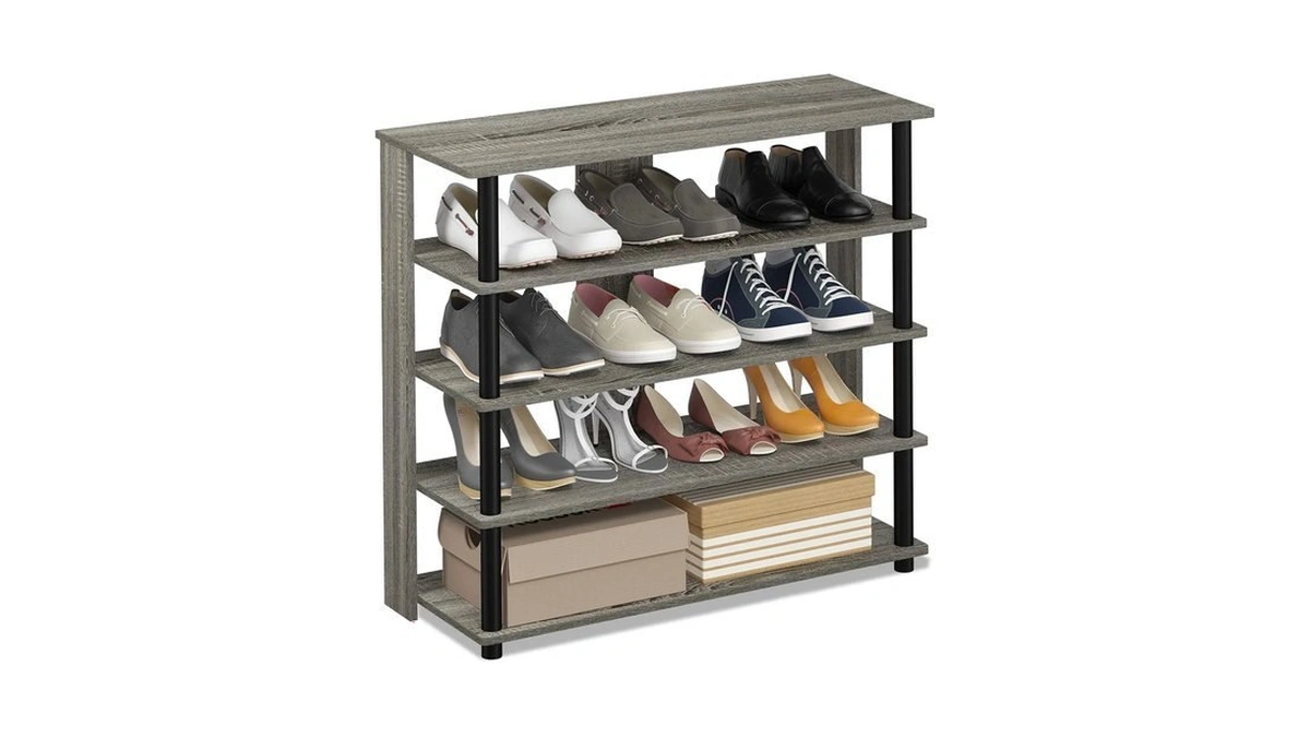 Furinno Turn-n-tube 5 Tier Wide Shoe Rack, French Oak Grey/black