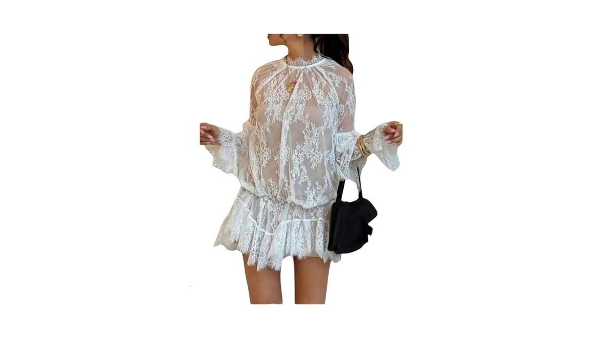 Gorglitter Women's Sheer Lace Overlay Dress See Through Ruffle Long