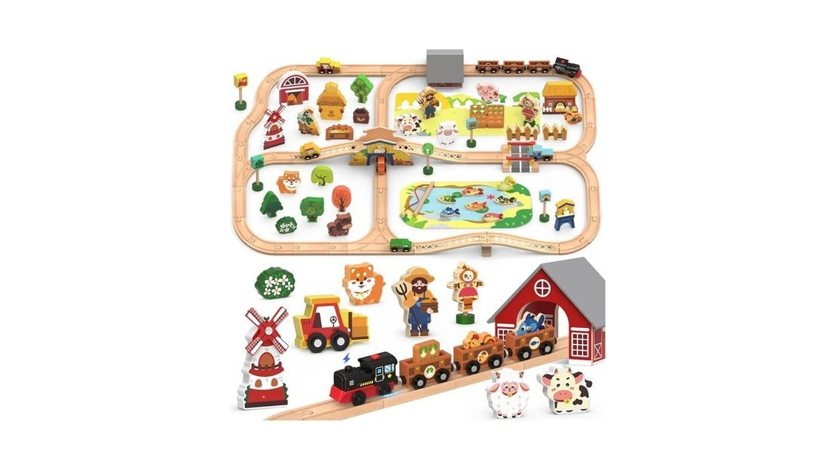 Electric Wooden Train Set, Farm 102-piece Deluxe Toy With Tunnel