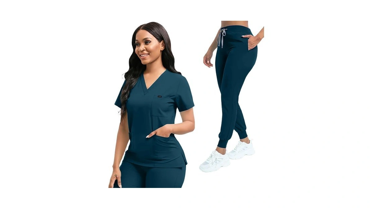 Yezex Scrubs For Women Set, Stretch V-neck Top & Jogger