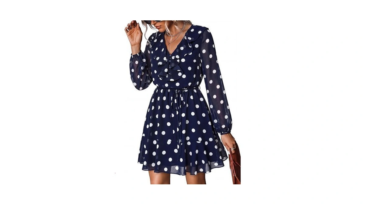 Dowerme Women Belted Floral Polka Dot Mini Dress,navy White Dot,m