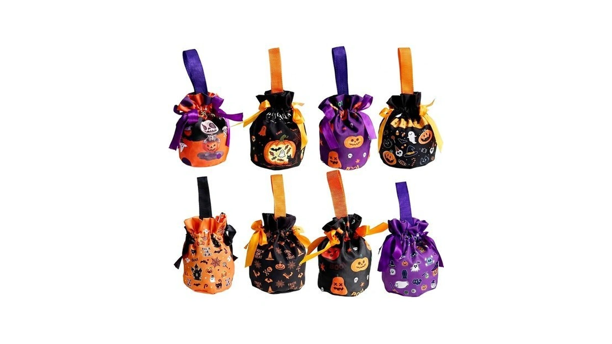 8 Pack Halloween Drawstring Candy Bags With Webbing Handles, Reusable