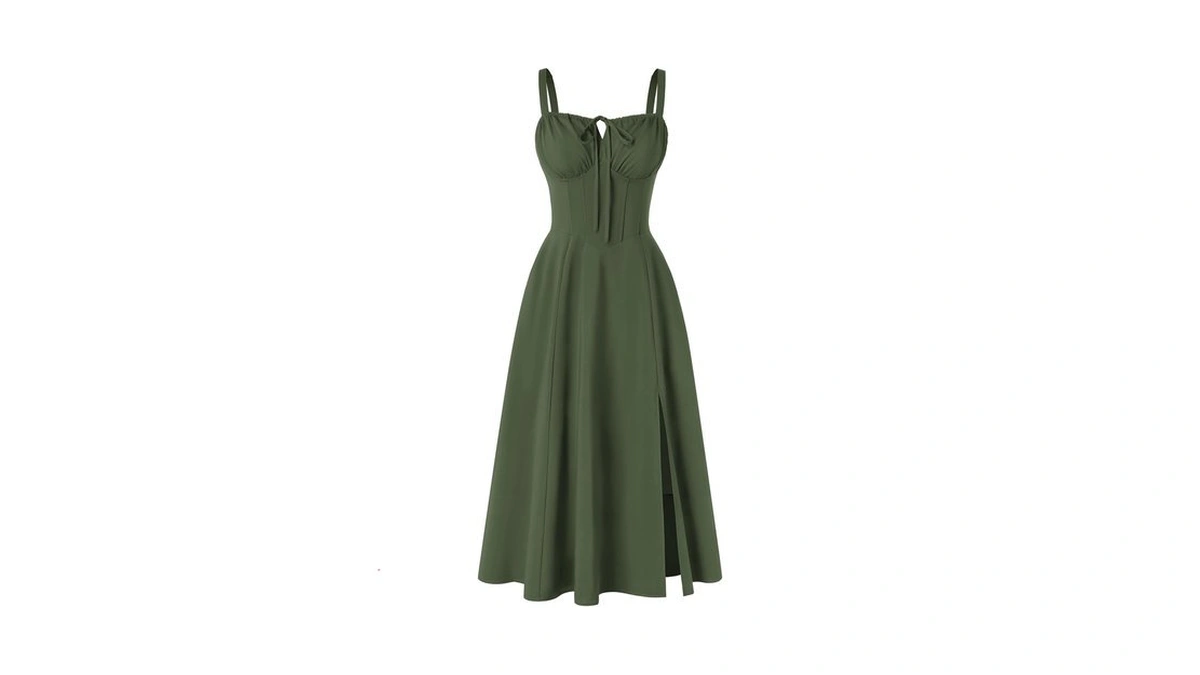 Women 2026 Corset Dress Milkmaid Slit Midi Sundress Olive Green