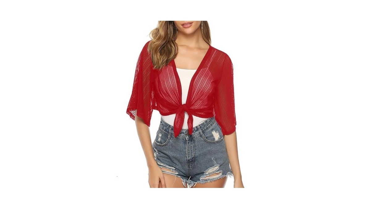 Iclosam Women Sheer Shrug Tie Front 3/4 Sleeve Cropped Bolero