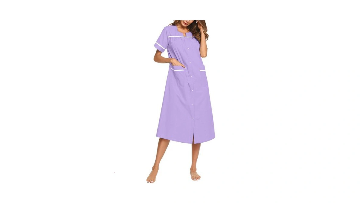 Ekouaer Womens Snap Front Dusters Cotton Housecoat Short Sleeve Nightgown
