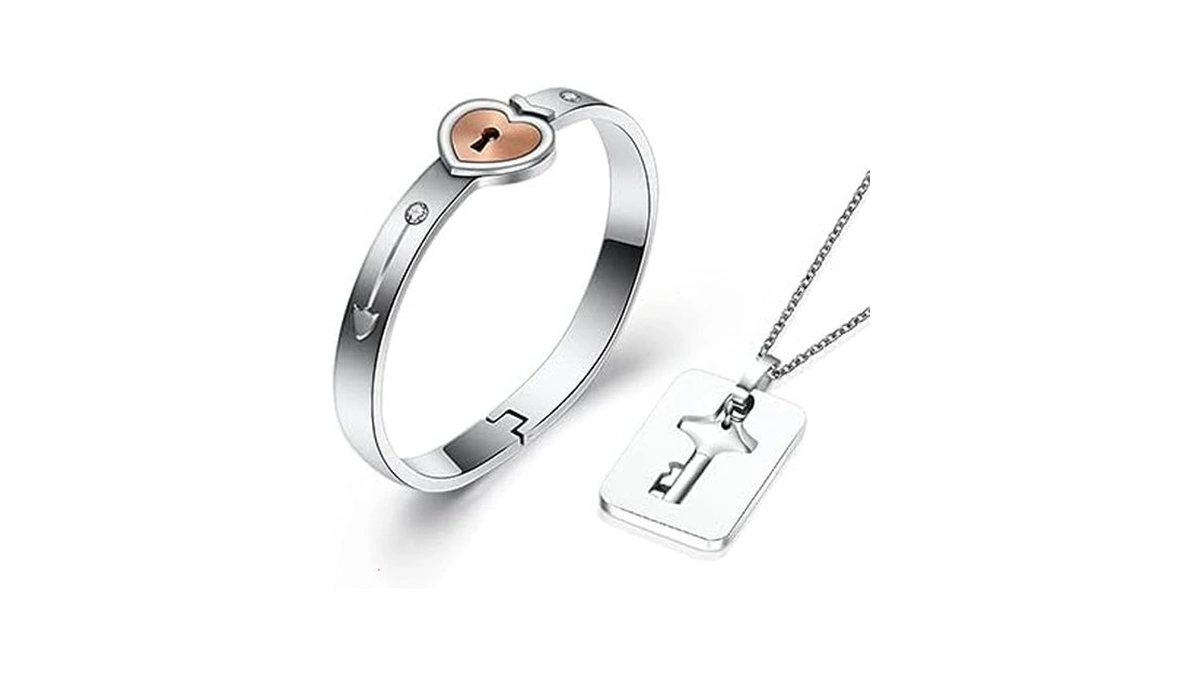 Myneney His And Her Love Heart Key Lock Bangle Bracelet