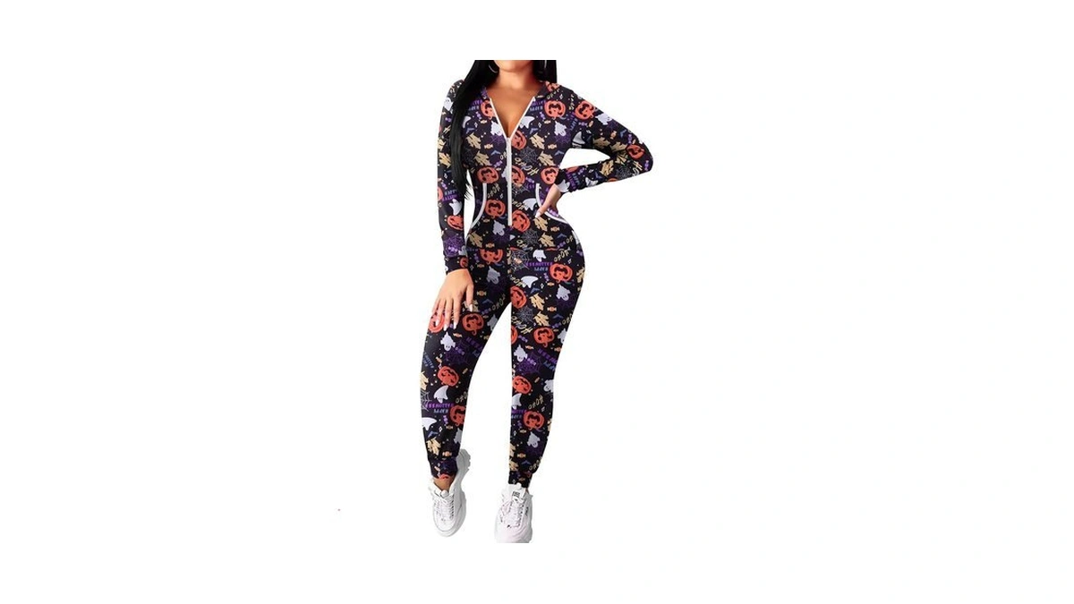 Ekouaer Halloween Onesie For Women Hooded Jumpsuit Sexy One Piece