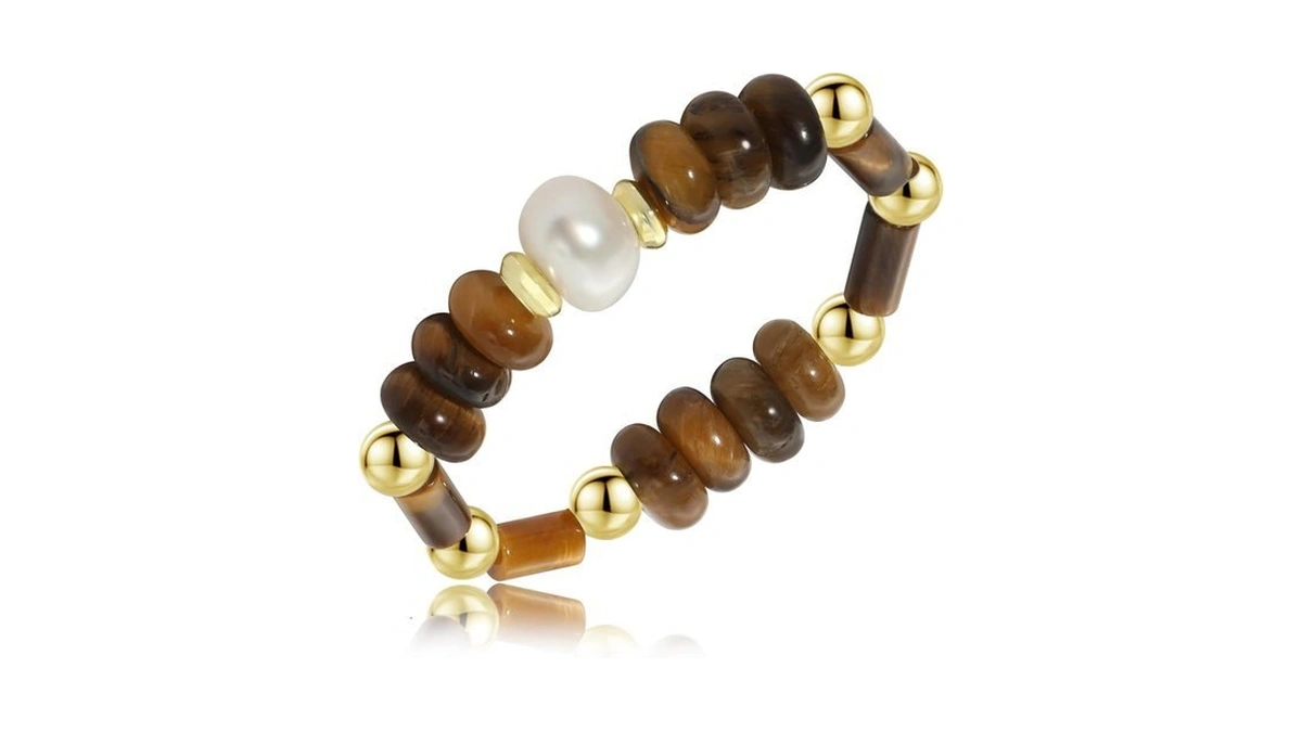 Sixfox Tiger Eye Ring For Women Stretch Natural Pearl Beaded