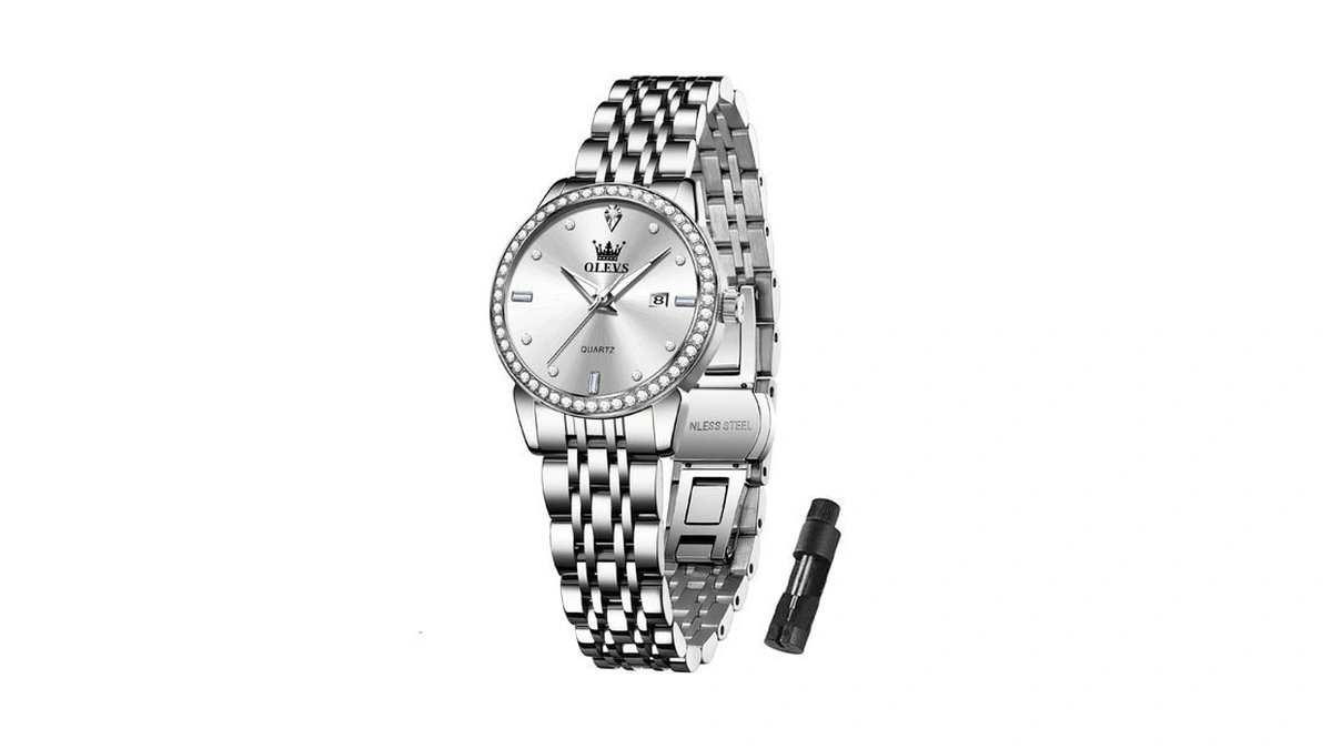 Olevs Silver Watch For Women Diamond Small Face Waterproof Dress
