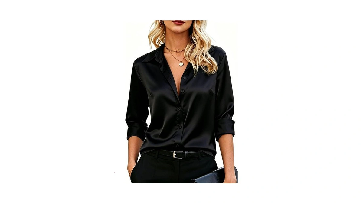 Black Silk Top Satin Button Down Shirts For Women Business