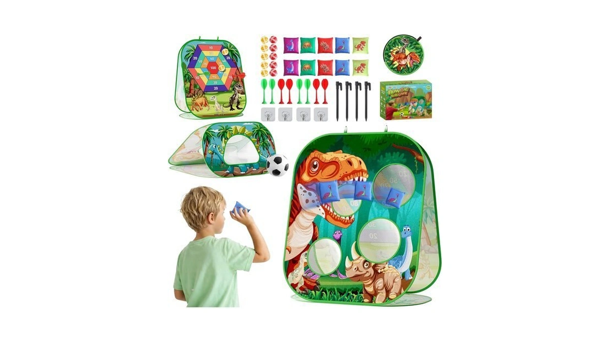 4-in-1 Dinosaur Bean Bag Toss Game For Kids, Cornhole &