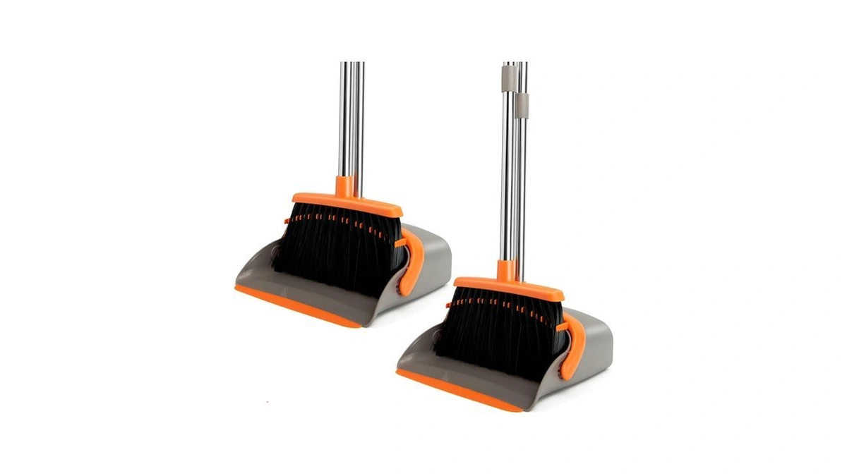 Xxflower 2-pack Broom And Dustpan Combo Set, Long Handle, Gray