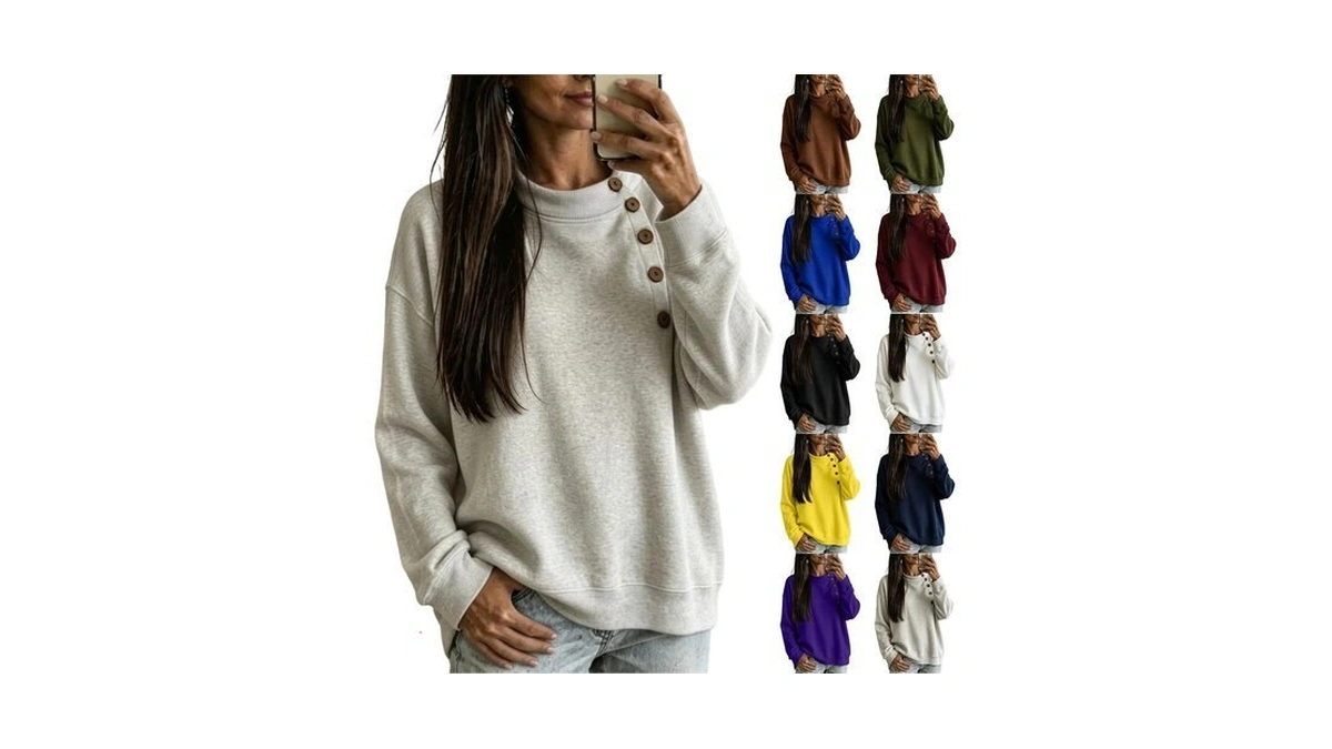 Crew Neck Sweatshirts Women Asymmetrical Button Fleece Oversized Hoodie