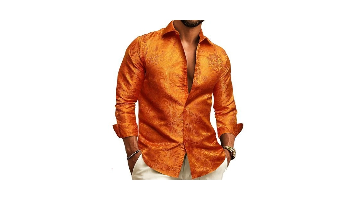 Barry.wang Mens Western Shirts Long Sleeve Button Down,orange,small