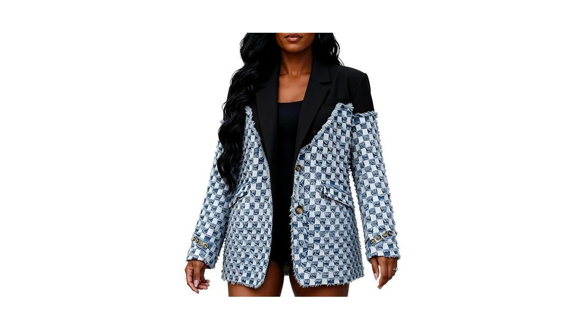 Vaceky Women's Patchwork Denim Blazer Oversized Plaid Jacket
