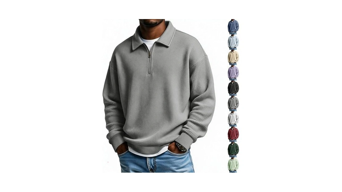Mens Long Sleeve Waffle Shirts Quarter Zip Golf Pullover Shirt