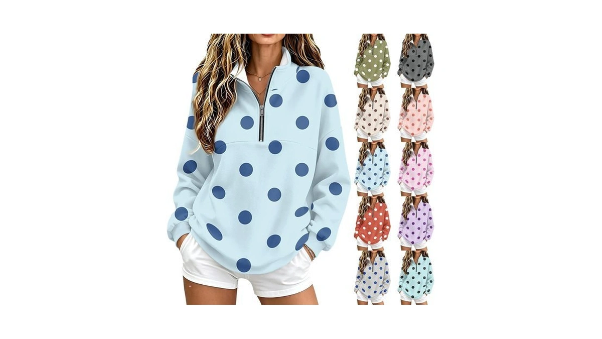 Quarter Zip Pullover Women Polka Dot Trendy Ribbed Cuff Hem