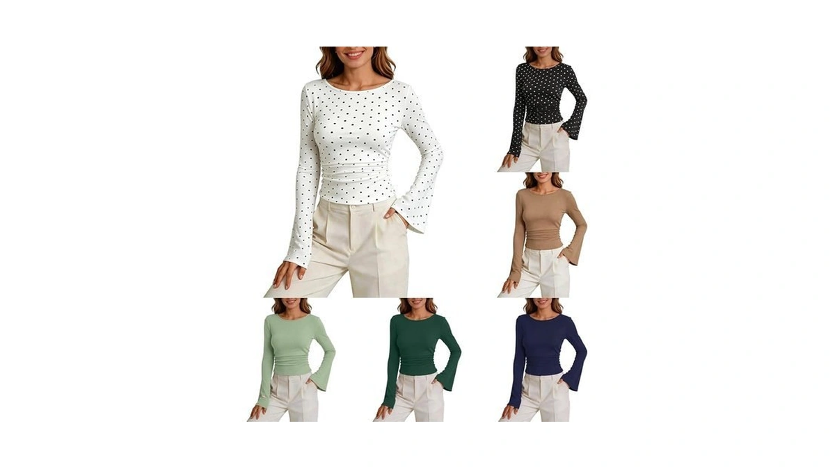 Polka Dot Top For Women Bell Long Sleeve Boat Neck