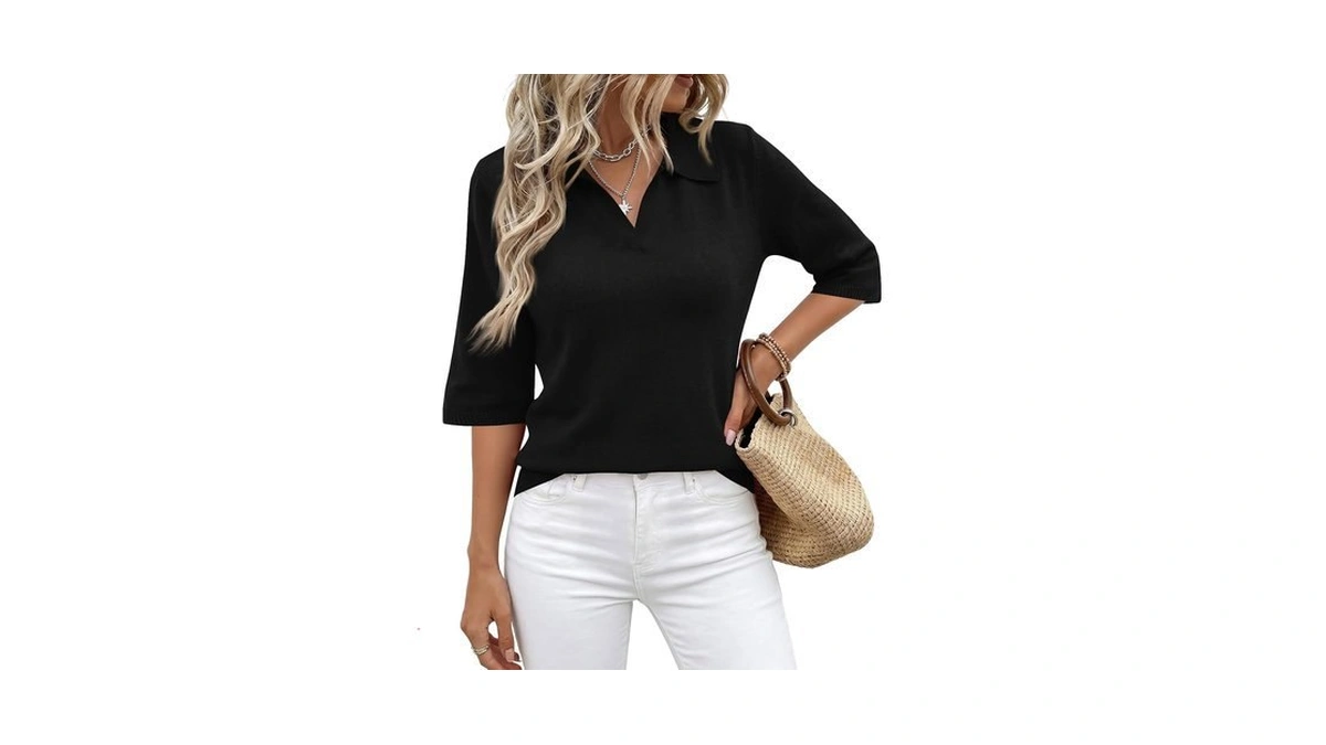 Hswsej Polo Sweater Women 3/4 Sleeve Collared Fall V Neck