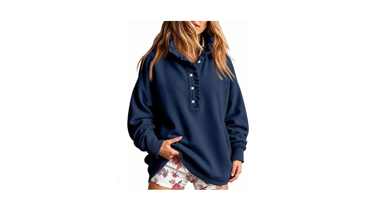 Mock Neck Sweatshirt Women Ruffle Hem Oversized Henley Y2k Pull