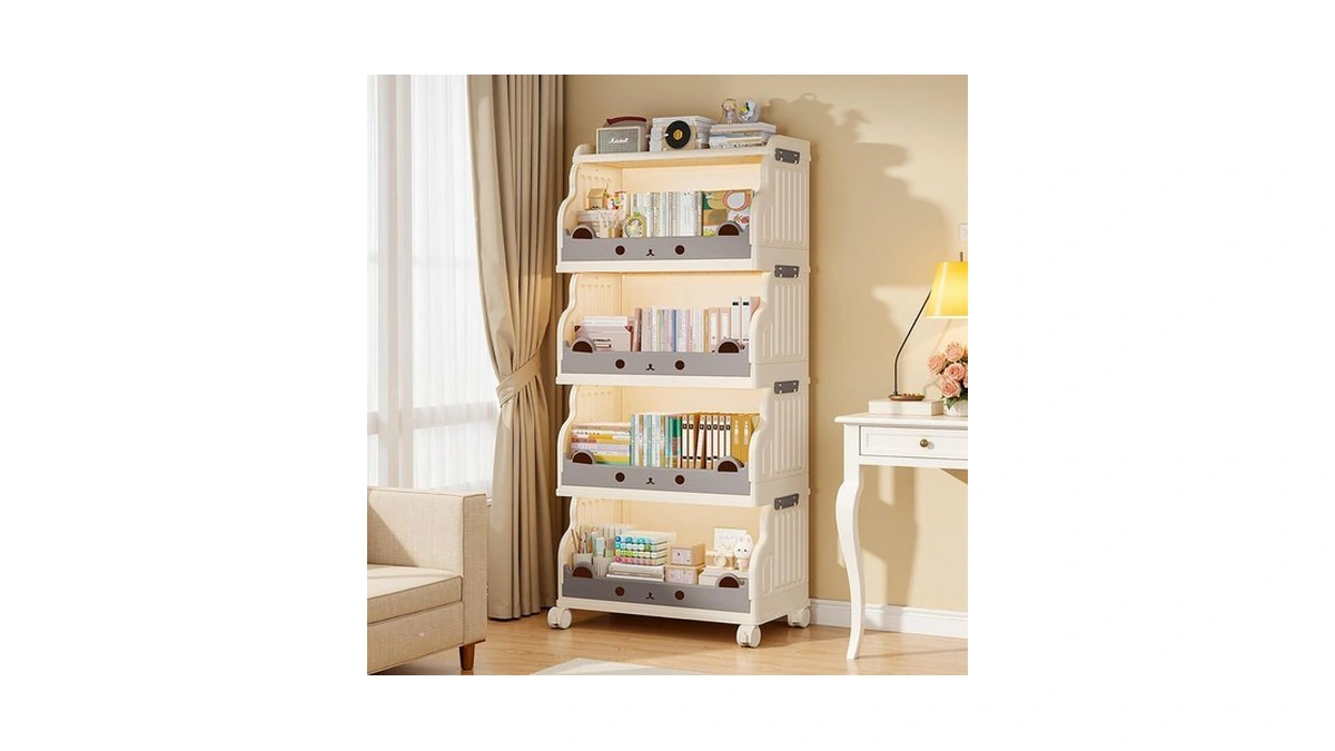 Roqao 4-tier Rolling Book Cart With Lockable Casters, Slim Bookcase
