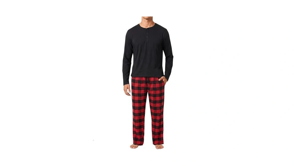 #followme Mens Pajama Set, Henley Top & Flannel Plaid Pants,