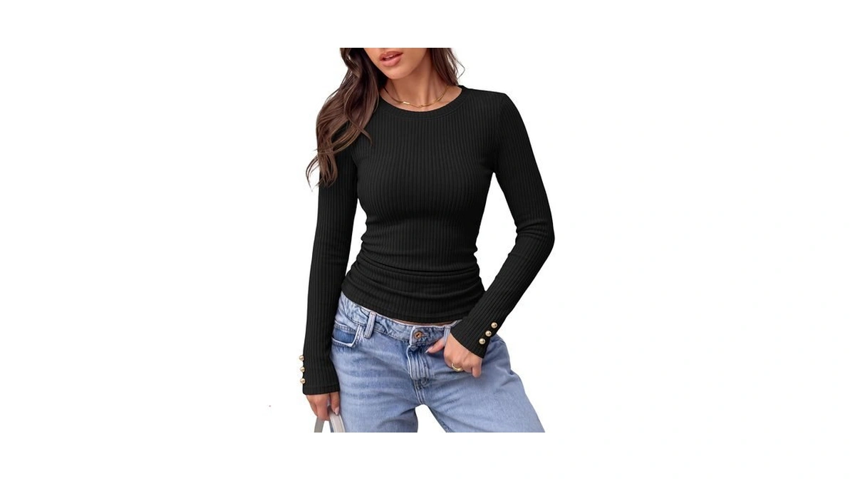 Anrabess Womens Long Sleeve Shirts Fall Slim Fitted Tops Black