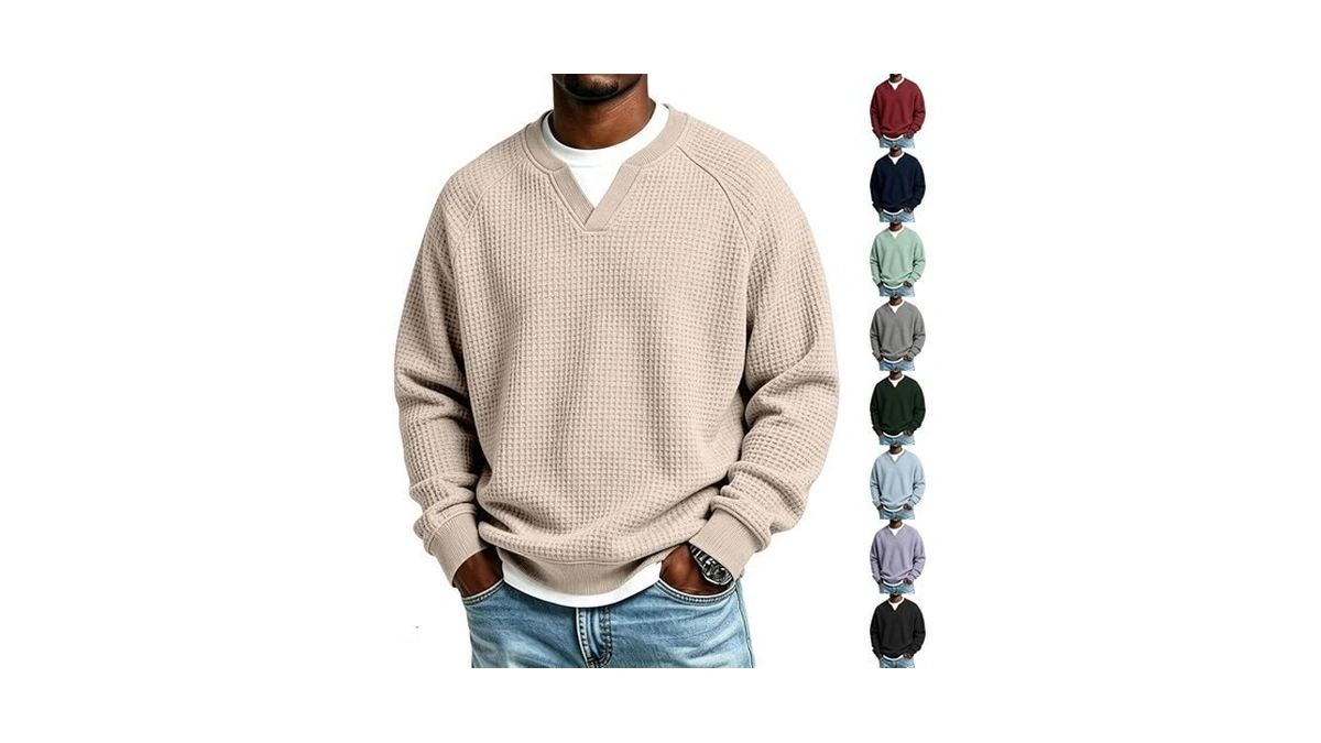 Long Sleeve Waffle Shirt Men Thermal Cozy V Neck Sweater