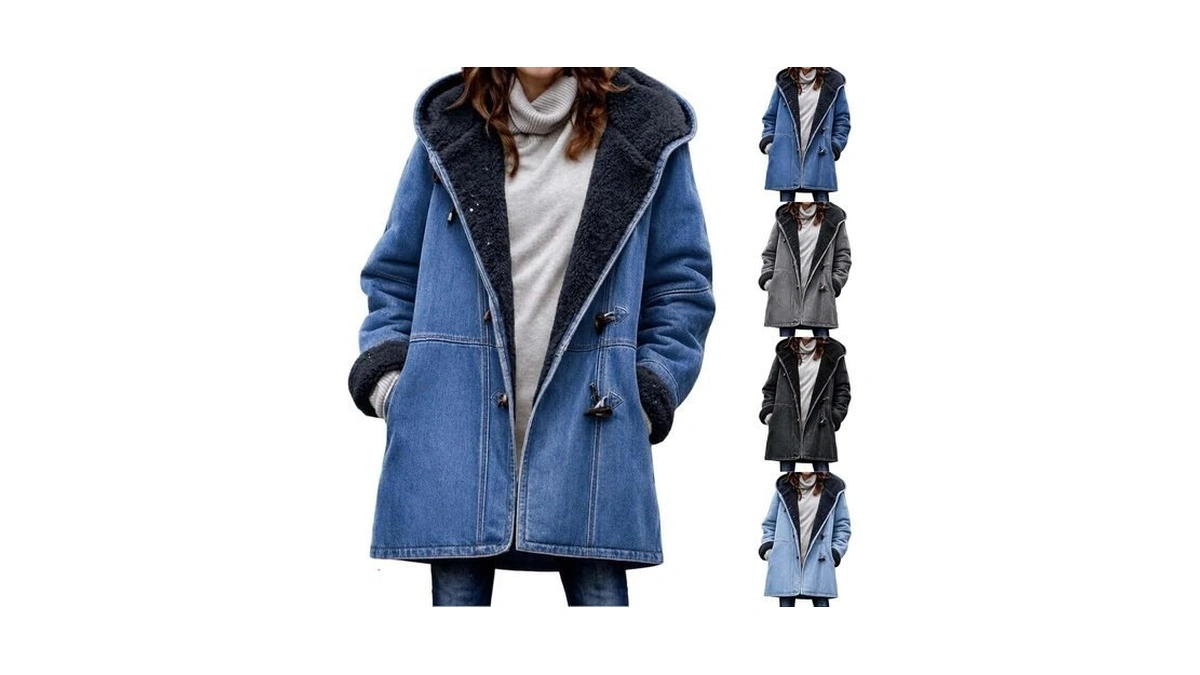 Women Winter Denim Coat Sherpa Fleece Lined Hooded Toggle Button