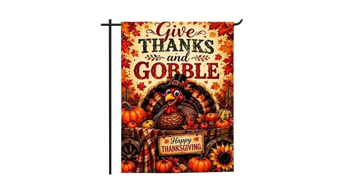 Turkey Pumpkin Garden Flag Thanksgiving Give Thanks Gobble Yard Flag