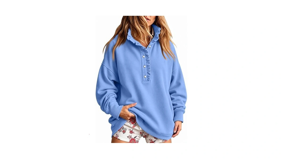 Hswsej Mock Neck Sweatshirt Women Ruffle Henley Neck Over Sized