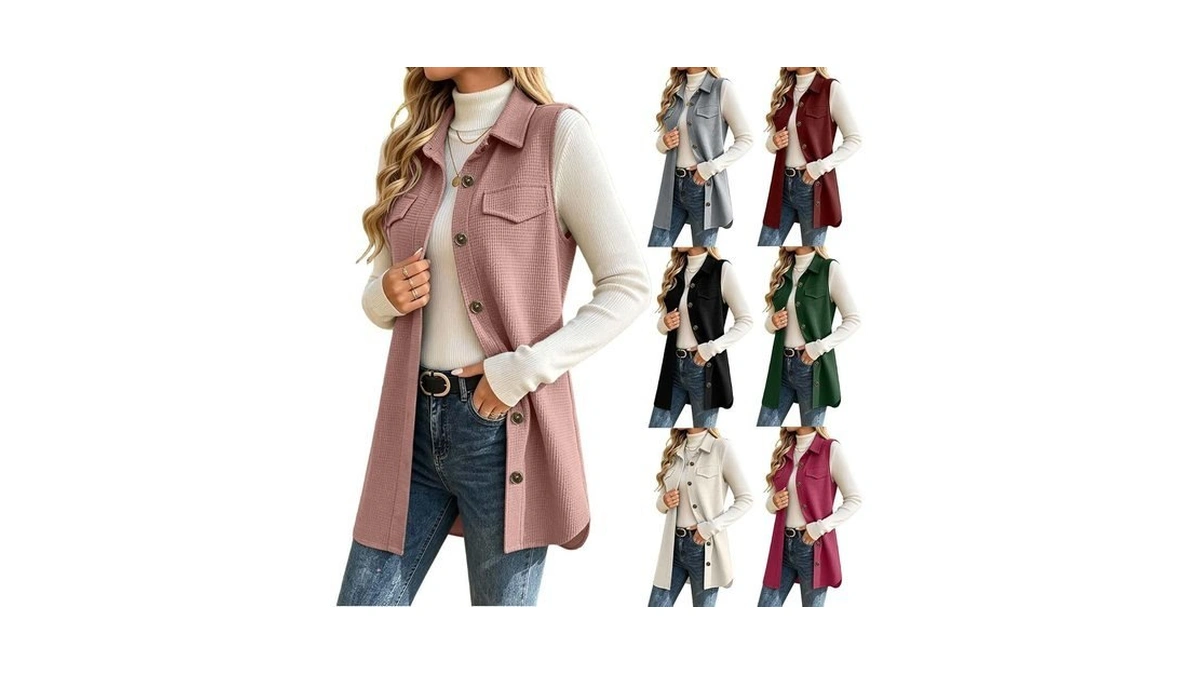 Long Vest For Women Waffle Knit Collar Button Casual Sleeveless