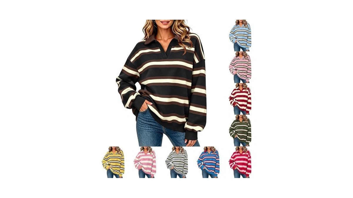 Hvyesh Women Sweatshirt Striped V Neck Collared Sweatshirt For Women