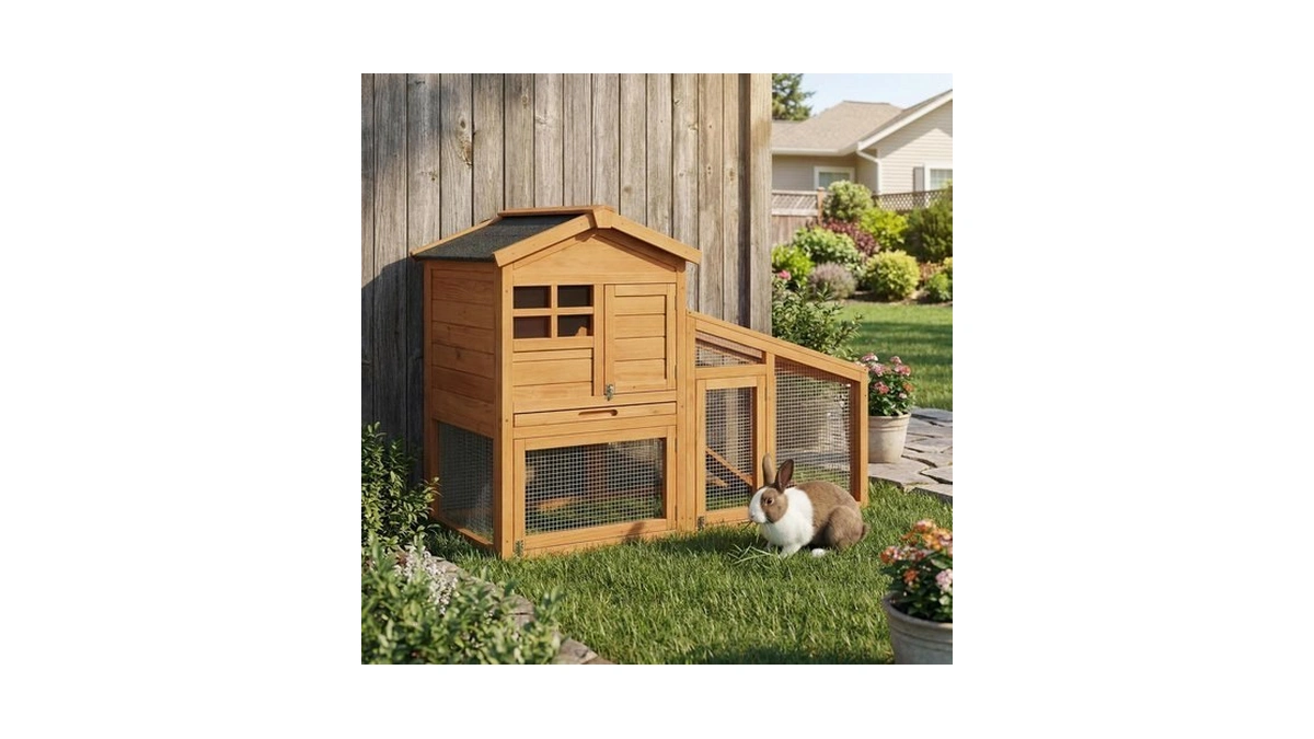 Wooden Rabbit Hutch With Run, 2-story Weatherproof Cage, Natural