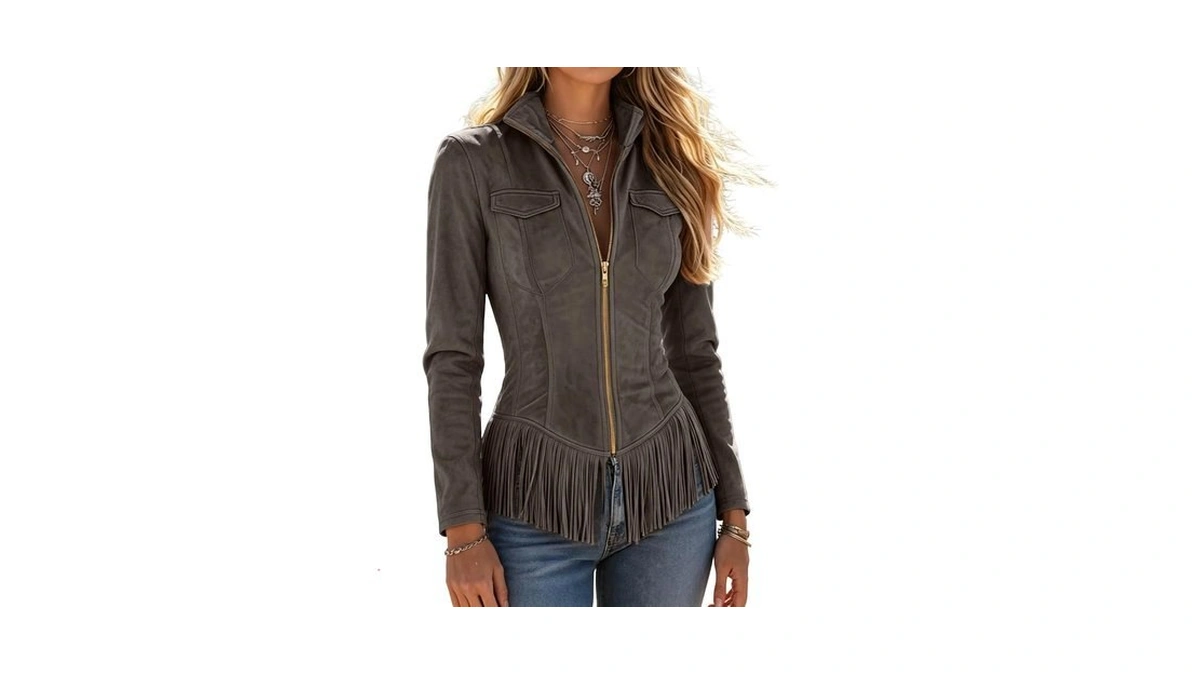 Womens Faux Suede Fringe Long Sleeve Jacket Western Cowgirl Silm