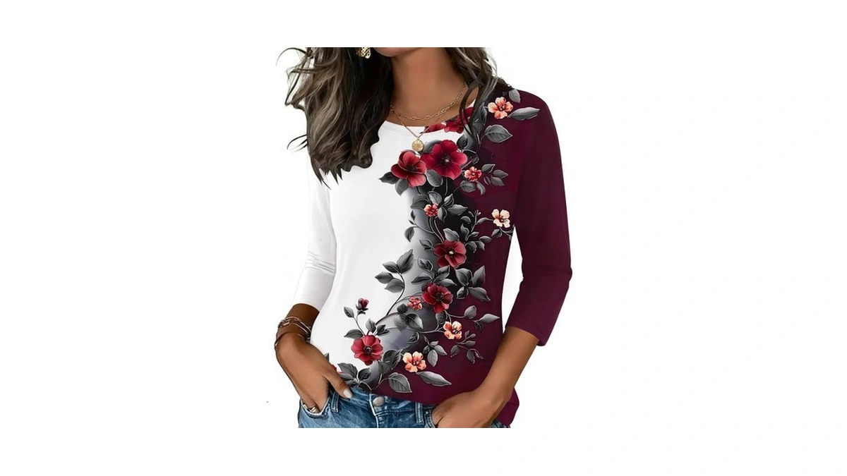 Zeagoo 3/4 Sleeve Plant Printed Crew Neck Top For Women