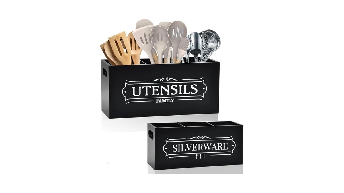 Kitchen Utensil Holder Set - Extra Large Wooden Countertop Organizer
