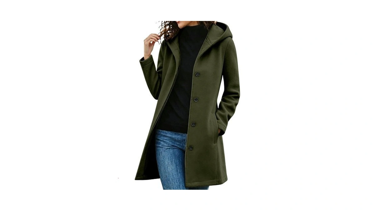 Womens Single Breasted Pea Coat Mid Length Winter Hooded Outerwear