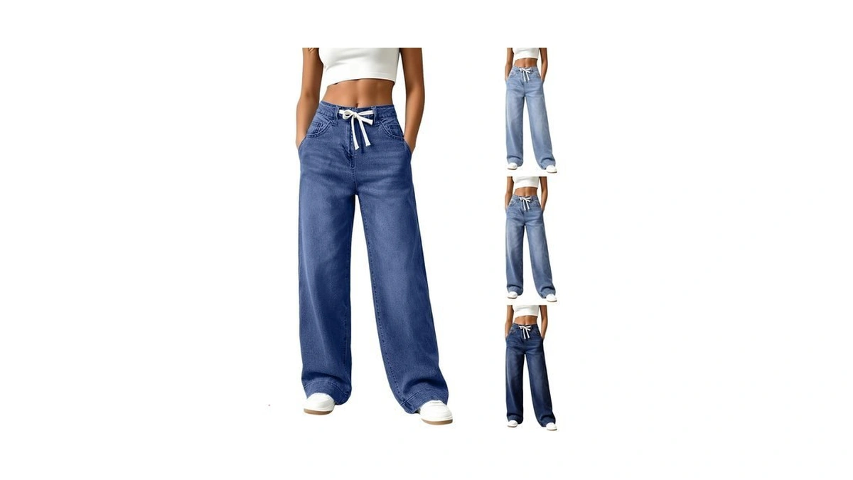 Womens Wide Leg Jeans Drawstring High Wasit Palazzo Pants With