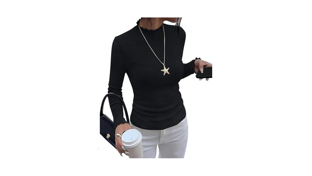 Btfbm Long Sleeve T Shirts For Women Ruffle Mock Neck