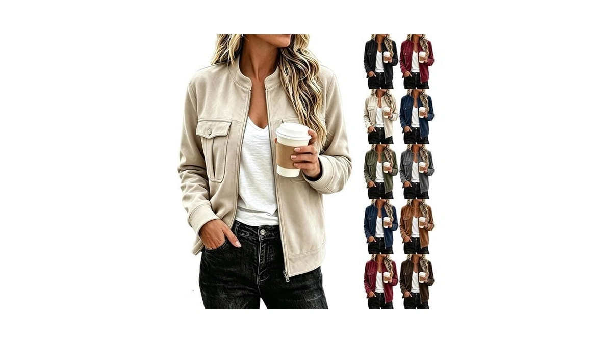 Kreyvox Faux Suede Jacket Women Casual Long Sleeve Utility Jacket