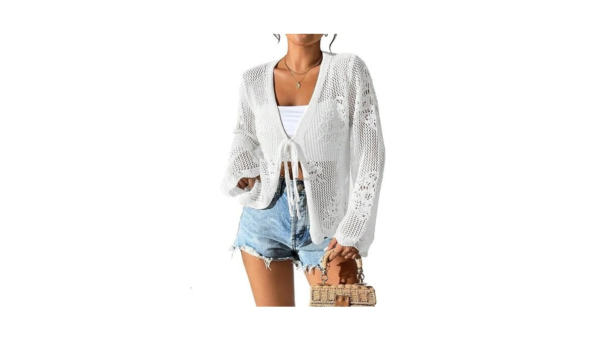 Urchics Womens Casual Cardigan Summer Beach Long Sleeve Hollow Out