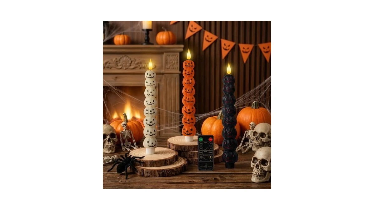 Black Orange Pumpkin Halloween Flameless Taper Candles With Remote Set