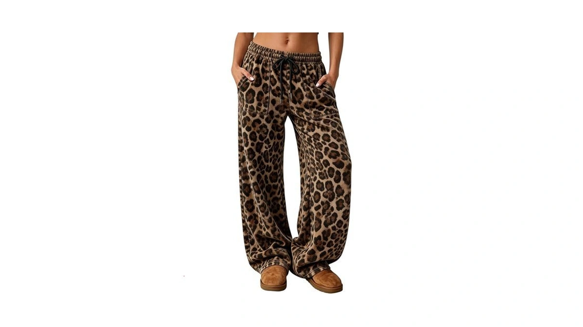 Trendy Leopard Pants Women Baggy Hight Waisted Wide Leg Lounge