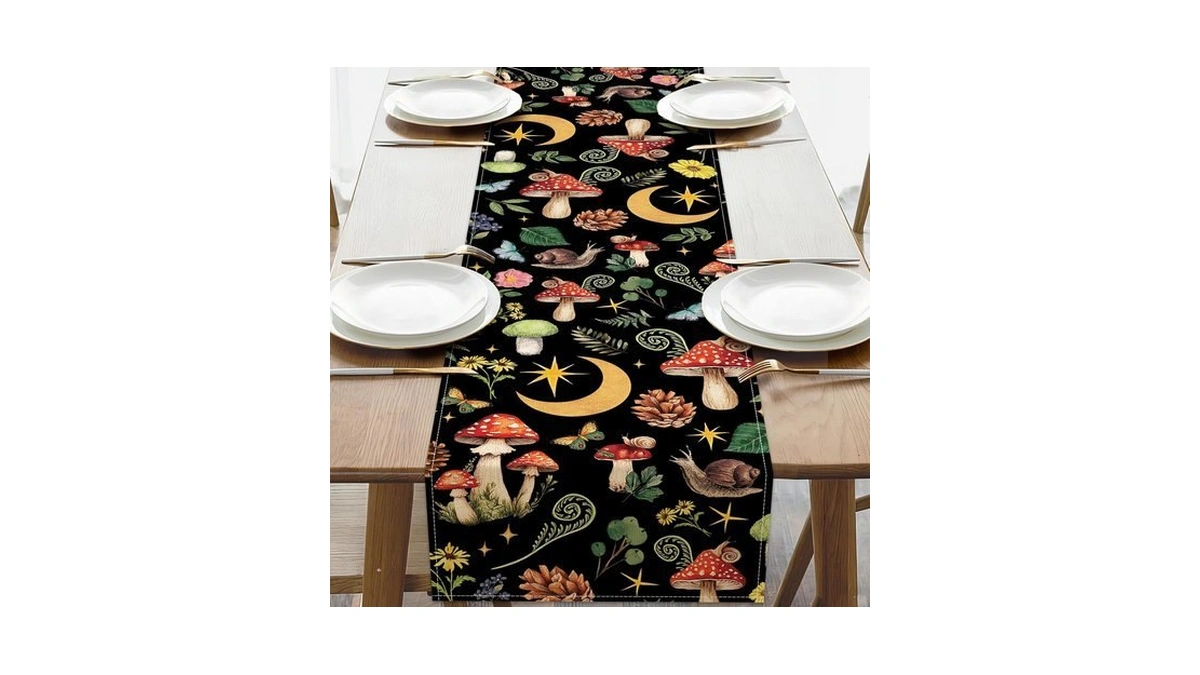 Croar Mystical Forest Mushroom Dining Table Runner, Fairy Tale Moon