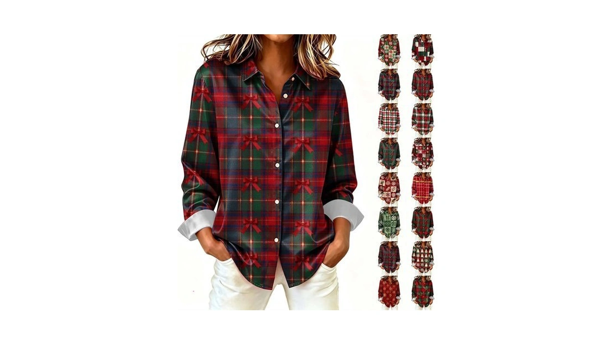 Christmas Shirts For Women Button Down Holiday Plaid Long Sleeve