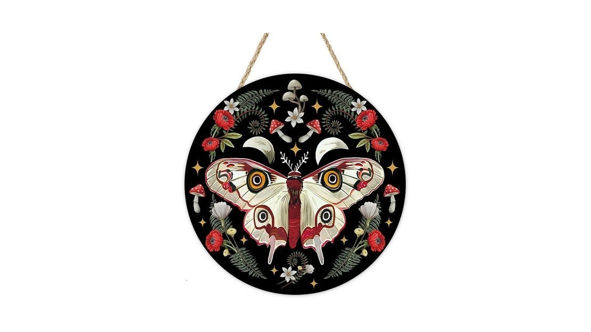 Bolisom Mystical Forest Gothic Butterfly Front Door Sign, Moth Mushroom