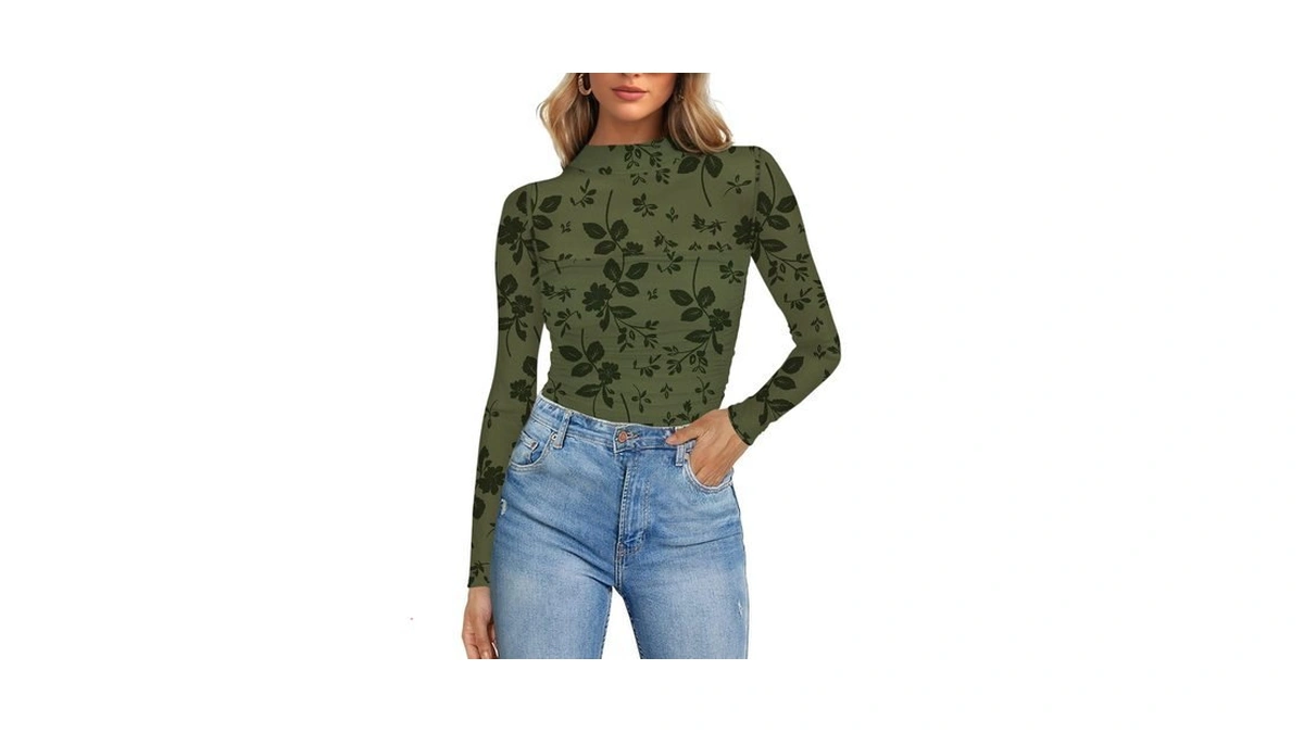 Poetsky Womens Lace Sheer Floral Mesh Mock Neck Tops Army