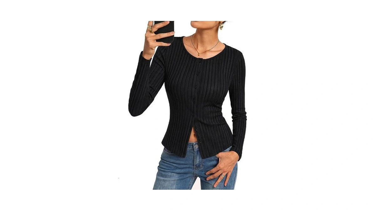 Kate Kasin Women Long Sleeve Ribbed Button Up Slim Fit